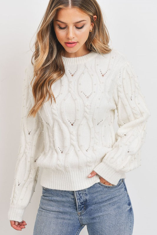 pearl embellished cable knit sweater